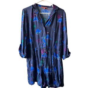 MODCLOTH Dinosaur Print Button Up Romper Shorts Women Large Blue Roll Tab Sleeve
